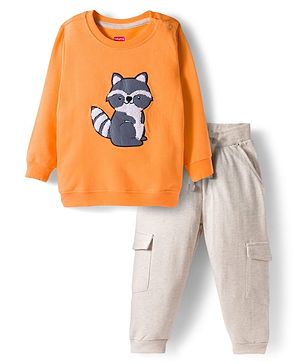 Babyhug Terry Knit Premium Light Gauge Terry Full Sleeves T-Shirt and Joggers Set With Racoon Patch Embroidery - Orange & Offwhite