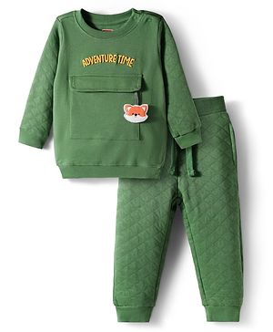 Babyhug Terry Knit Premium Light Gauge Terry Full Sleeves T-Shirt & Lounge Pant Set With Text Embroidery & Animal Applique - Green