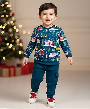 Babyhug Terry Knit Premium Light Gauge Terry Full Sleeves T-Shirt & Joggers Set With Snow Man Print - Teal Blue