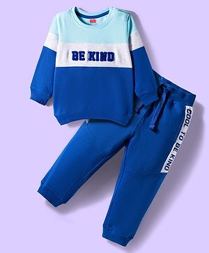 Babyhug Terry Knit Premium Light Gauge Terry Full Sleeves Text Printed T-Shirt & Lounge Pant Set With Cut & Sew Design - Blue