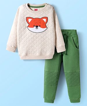 Babyhug Terry Knit Premium Light Gauge Terry Full Sleeves T-Shirt & Lounge Pant Set With Animal Print - Off White & Green