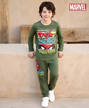 Pine Kids Marvel Single Jersey Knit Full Sleeves T-Shirt & Track Pant With Spider Man Print - Green