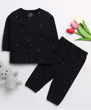 Clt.s Cotton Knitted Full Sleeves
                              Hearts Printed Coordinating Night Suit Set
                              - Black