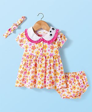 Babyhug Single Jersey Knit Half Sleeves Floral Printed Frock with Bloomer with Headband - Multicolor