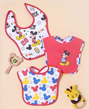 Babyhug Disney Premium Toddler Bibs Cool Mickey Print Set of 3 - Red & White Soft Cotton Fabric with Snap Button|Feeding & Drooling Bibs|6 to 24 Months|High Absorbent Machine Washable Infant Feeding