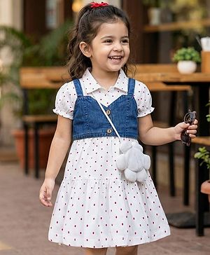 Babyhug Cotton Knit Half Puffed Sleeves Polka Dot Printed Frock with Sling Bag & Jacket - White