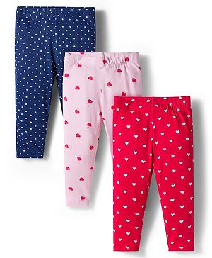 Babyhug Cotton Lycra Knit Full Length Leggings With Polka Dot & Heart Print Pack Of 3 - Red Navy Blue & Pink