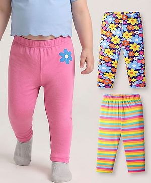 Babyhug Cotton Knit Full Length Leggings With Stripes & Floral Print Pack Of 3 - Pink Navy Blue & Yellow