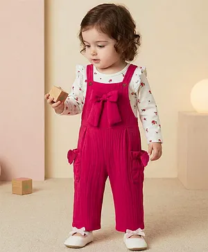 Babyoye 100% Cotton Knit Full Sleeves T-Shirt & Dungaree with Floral Print & Bow Applique - Red & White