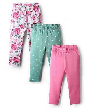 Babyhug Cotton Knit Full Length Legging With Floral & Polka Dot Print Pack Of 3 - Pink White & Light Green