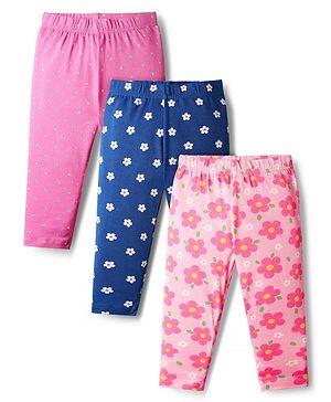 Babyhug Cotton Knit Full Length Leggings With Floral Print Pack Of 3 - Pink & Navy Blue