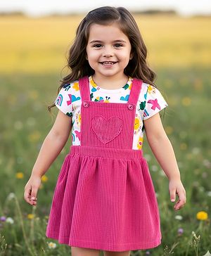 Babyhug Cotton Woven Frock with Half Sleeves Inner Tee & Tropical Theme Print - Dark Pink & White