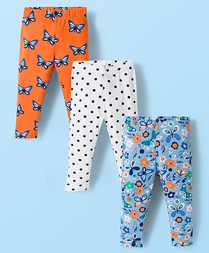 Babyhug Cotton Lycra Knit Full Length Butterfly & Polka Dot Printed Leggings Pack of 3 - Orange Blue & White