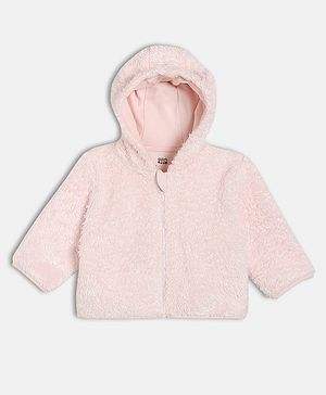 MINI KLUB Cotton Knit Full Sleeves Fur Detailed Solid Hooded Jacket - Pink