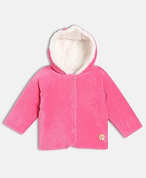 MINI KLUB Cotton Knit Full Sleeves Ribbed Hooded Jacket - Pink & White