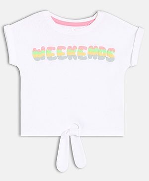 MINI KLUB Cotton Knit Half Sleeves Weekends Text Puff Printed Top - White