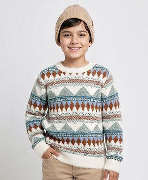 Pine Kids Knit Full Sleeves Pullover Sweater With Ethnic Print - White