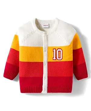 Babyhug Knit Full Raglan  Sleeves Front Open Sweater with Stripes - Red & White