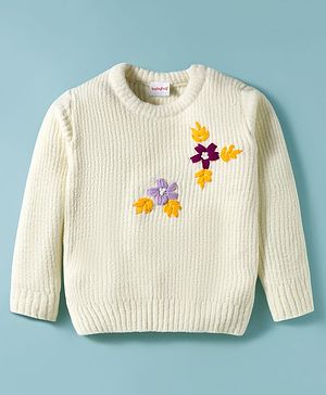 Babyhug Knitted Full Sleeves Pullover Sweater With Floral Embroidery - Off White