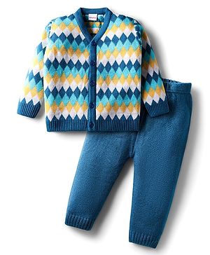 Babyhug Knit Full Sleeves Front Open Sweater Set with Diamond Design - Blue