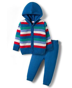 Babyhug Knit Full Sleeves Hooded Front Open Sweater Set with Stripes - Blue