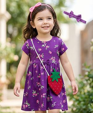 Babyhug Cotton Knit Half Sleeves Floral Printed Frock With Sling Bag & Headbands - Purple