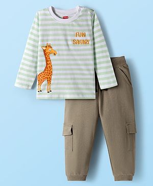 Babyhug Terry Knit Full Sleeves T-Shirt & Lounge Pant Set With Animal Print & Stripes - Sea Green