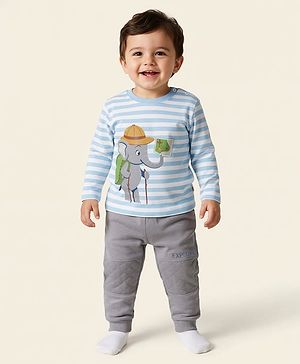 Babyhug Terry Knit Full Sleeves T-Shirt & Lounge Pant Set With Animal Print - Light Blue & Grey