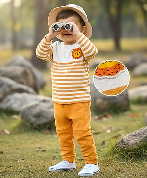 Babyhug Terry Knit Full Sleeves T-Shirt & Lounge Pant Set With Stripes & Animal Embroidery - Yellow