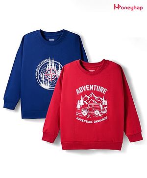 Honeyhap Premium 100% Cotton Knit With Bio Finish Full Sleeves Sweatshirts with Adventure Text Print Pack Of 2 - Lava Falls & Navy Peony