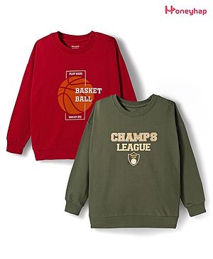 Honeyhap Premium 100% Cotton Knit With Bio Finish Full Sleeves Sweatshirts with Champs League Text Print Pack Of 2 - Lava Falls & Rifile Green