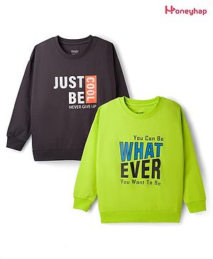Honeyhap Premium 100% Cotton Knit With Bio Finish Full Sleeves Sweatshirts with Whatever Text Print Pack Of 2 - Dark Shadow & Acid Lime