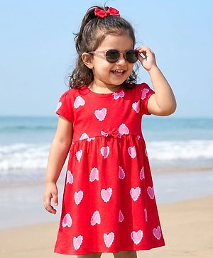 Babyhug Cotton Knit Half Sleeves Frock With Heart Print & Bow Applique - Red
