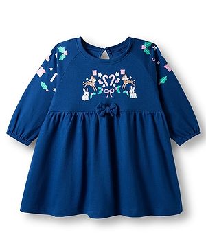 Babyhug Cotton Knit Full Sleeves Frock With Floral Print - Navy Blue