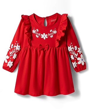 Babyhug Cotton Knit Full Sleeves Frock With Floral Embroidery Bow Applique & Frill Detailing - Red