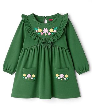 Babyhug Cotton Knit Full Sleeves Frock With Bow & Floral Applique - Green