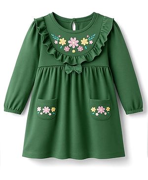 Babyhug Cotton Knit Full Sleeves Frock With Bow & Floral Applique - Green