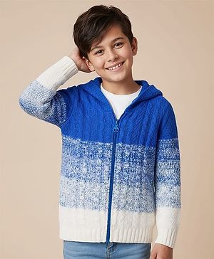 Pine Kids Knit Full Sleeves  Front Open Hooded Sweater with Ombre Effect - Blue