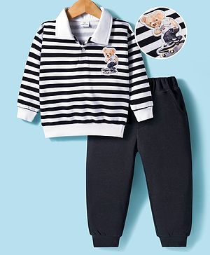 Mark & Mia Fleece Knit Full Sleeves Oversize Winter Wear Polo T-Shirt & Joggers Set with Bear Applique Stripes & Collar Detailing - Black & White