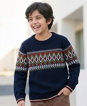 Pine Kids Knit Full Sleeves  Pullover Sweater with Zig Zag Design - Navy Blue