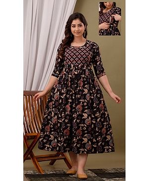 NEVISHA STYLE Cotton Woven Three Fourth Sleeves Floral Printed Maternity Dress With Side Seam Nursing Access - Black