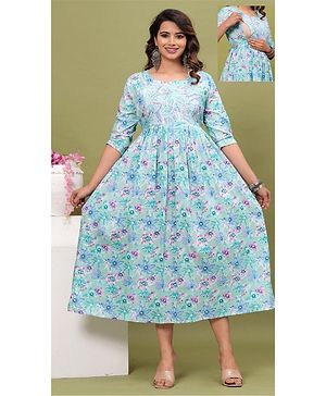 NEVISHA STYLE Cotton Woven Three Fourth Sleeves Floral Printed Maternity Kurta With Nursing Access - Blue