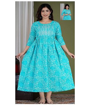 NEVISHA STYLE Cotton Woven Three Fourth Sleeves Floral Swirls Printed Maternity Kurta With Side Zipper Nursing Access - Blue