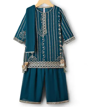 Babyhug Woven Three Fourth Sleeves
                              Embroidered Kurti Palazzo Set with Dupatta
                              & Sequin Detailing - Teal Blue