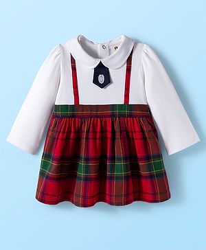 ToffyHouse Cotton Knit Full Peasant Sleeves Checkered Frock with Peter Pan Collar & Attached Tie - Red