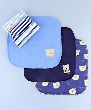 Babyhug Cotton Knit Wash Cloth with Bear Print Pack of 6 - Blue