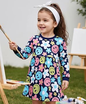 Babyhug Cotton Knit Full Sleeves Floral Printed Frock - Navy Blue