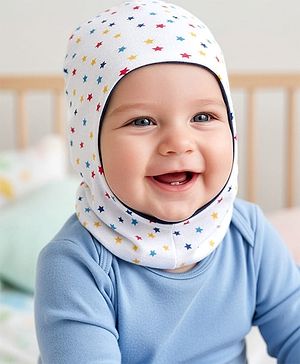Babyhug Knit Reversible Monkey Cap With Star Print White - Diameter 9 cm