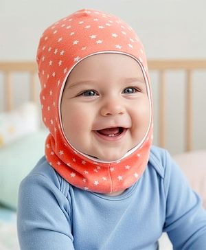 Babyhug Knit Reversible Monkey Cap With Star Print Light Peach - Diameter 9 cm