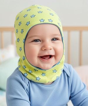 Babyhug Knit Reversible Monkey Cap With Star Print Light Blue - Diameter 10 cm